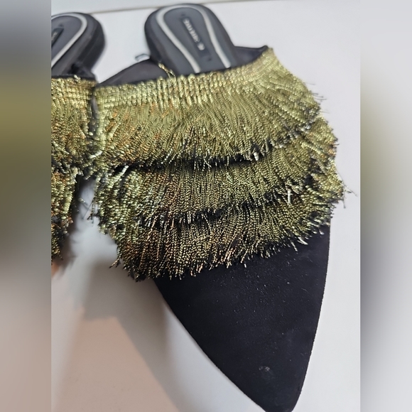Zara Pointy-Toe Flat Mules with Fringe Black/Gold, Size 38 - Picture 5 of 16